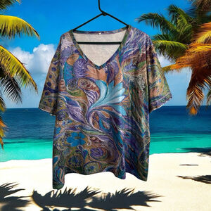 Womens 4X Tunic Peacock Hippie Graffiti Art Blouse W/ Ocean Sea Fish Multicolor